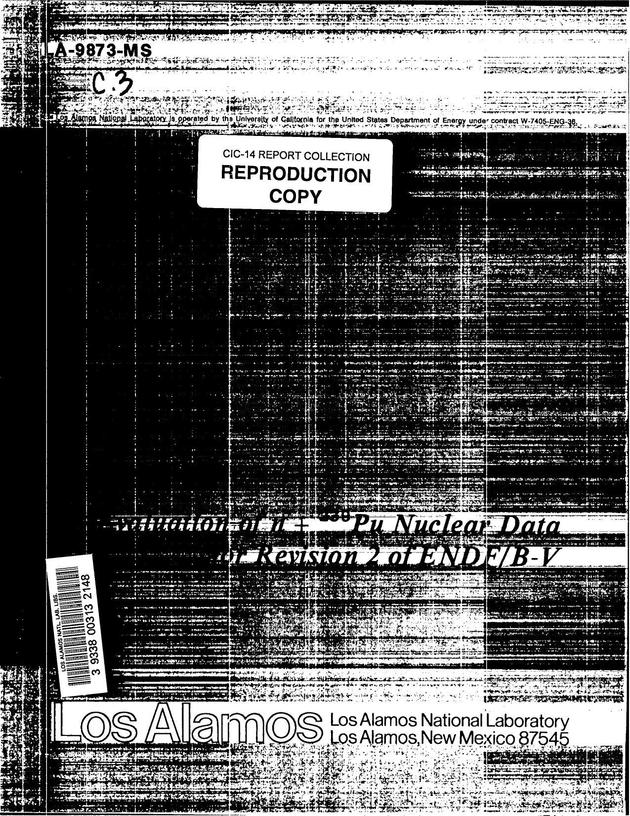 [LA-9873-MS] Evaluation of n + [sup 239]Pu nuclear data for revision 2 of ENDF|B-V by LANL Research Library LWW Project