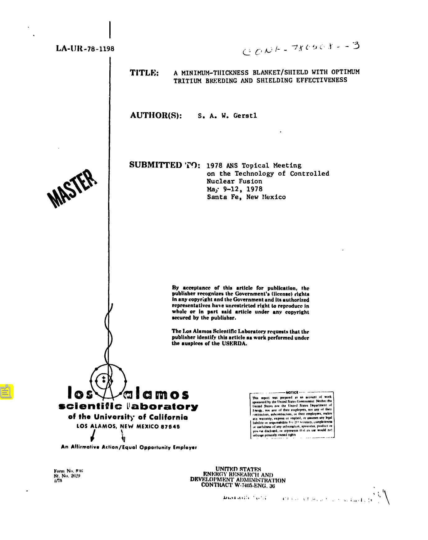 [LA-UR-78-1198] Minimum-thickness blanket|shield with optimum tritium breeding and shielding effectiveness by LANL Research Library LWW Project