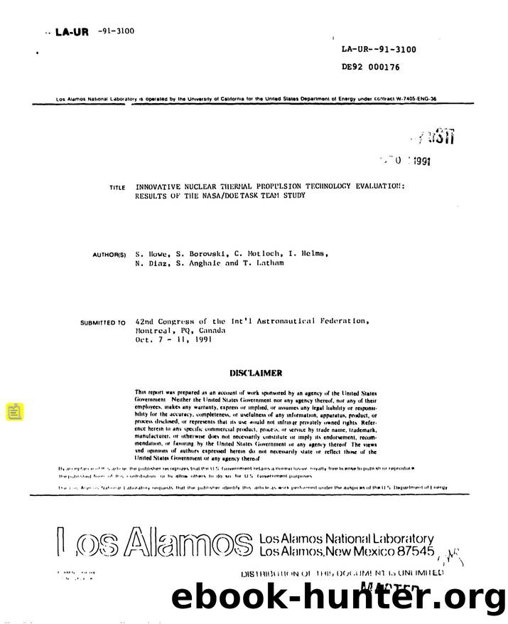 [LA-UR-91-3100] Innovative nuclear thermal propulsion technology evaluation   results of the NASA DOE Task Team study by LANL Research Library LWW Project