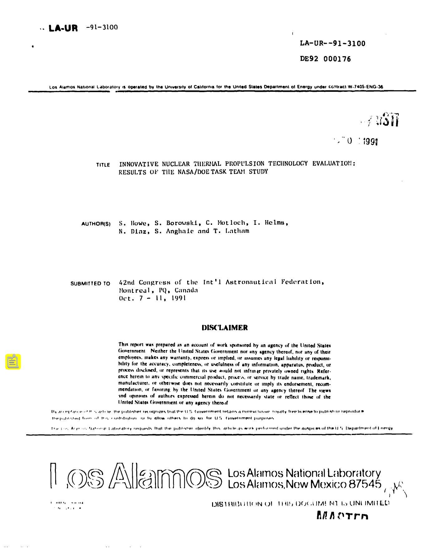 [LA-UR-91-3100] Innovative nuclear thermal propulsion technology evaluation : results of the NASA|DOE Task Team study by LANL Research Library LWW Project
