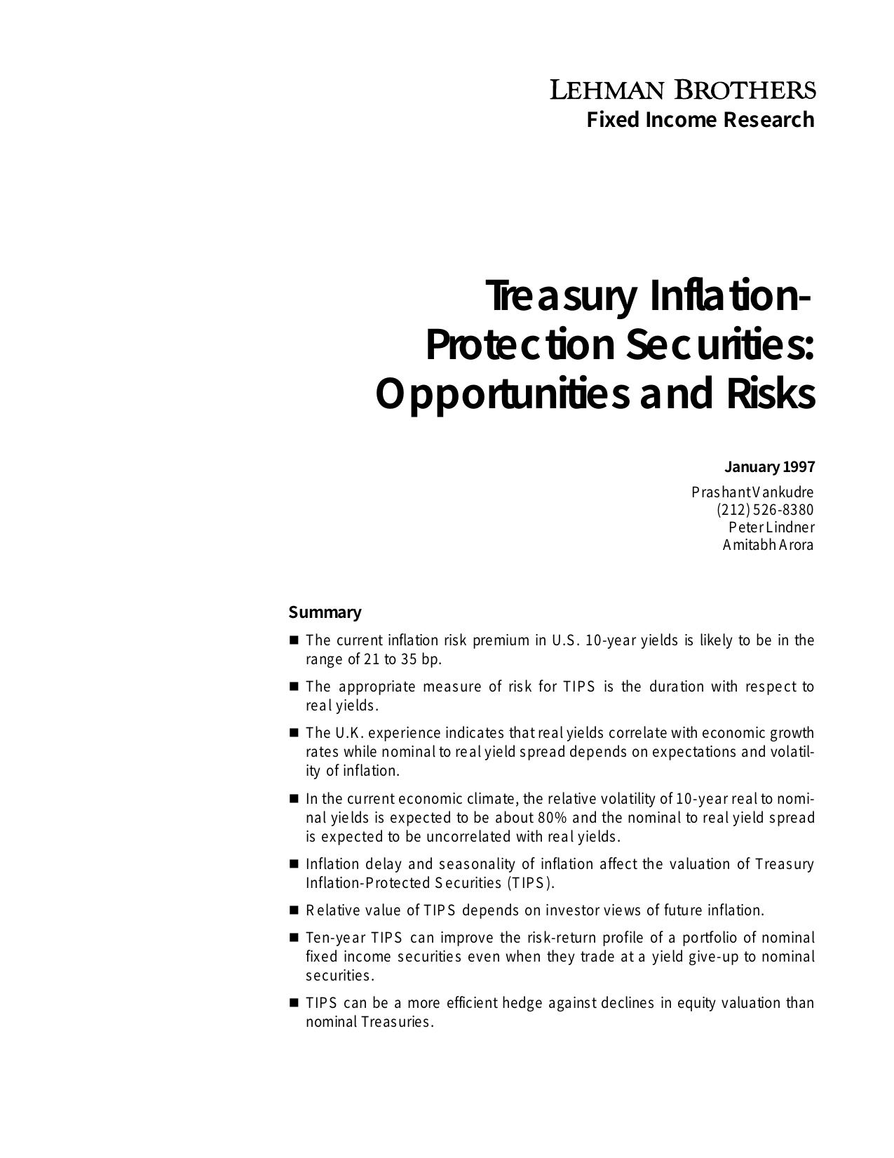 [Lehman Brothers, Vankudre] Treasury Inflation-Protection Securities by Opportunities & Risks