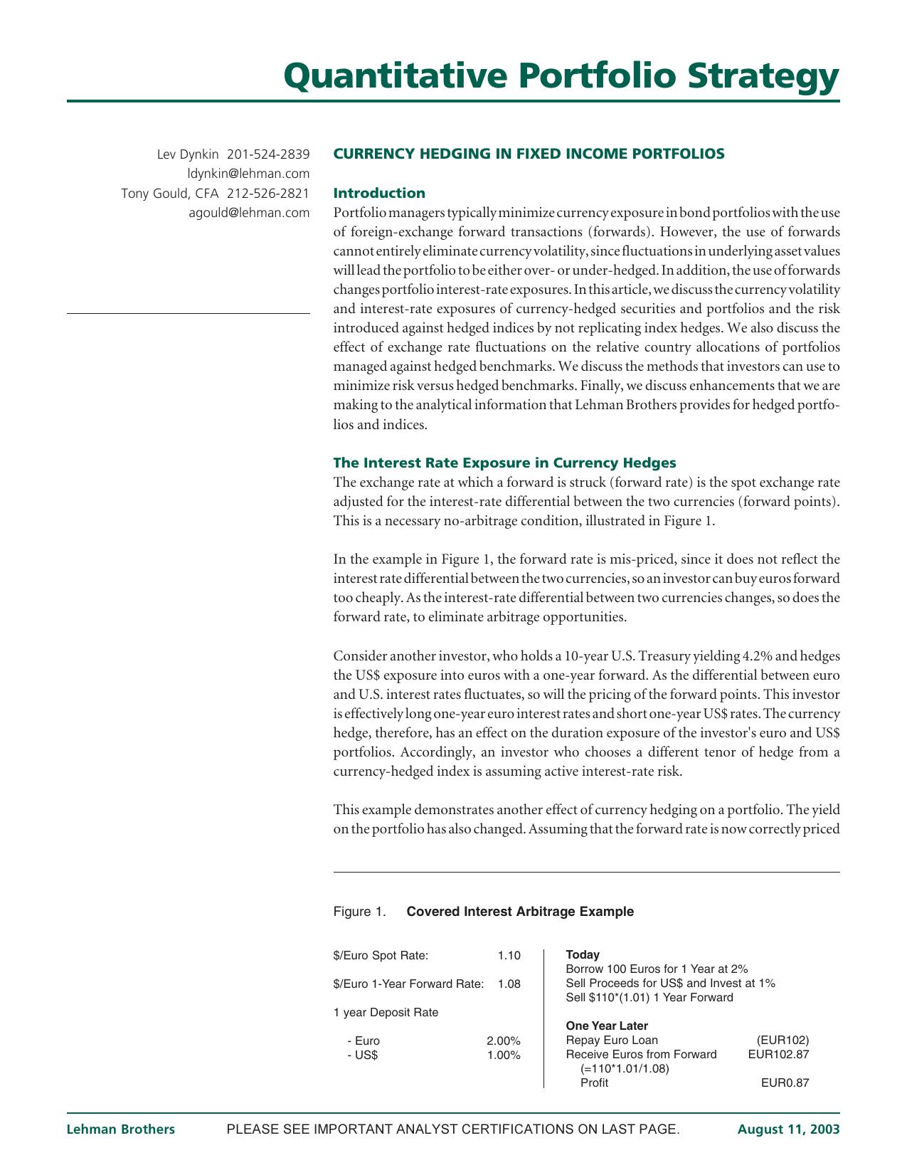[Lehman Brothers] Currency Hedging in Fixed Income Portfolios by unknow