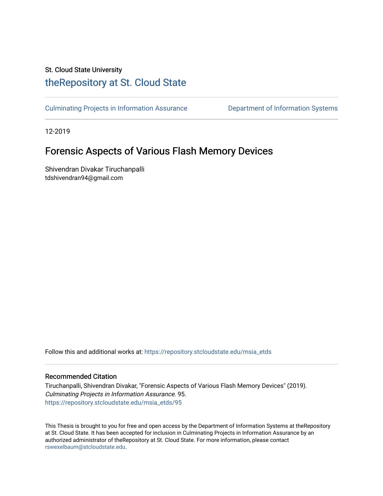 [Master's Thesis] Forensic Aspects of Various Flash Memory Devices by Shivendran Divakar Tiruchanpalli