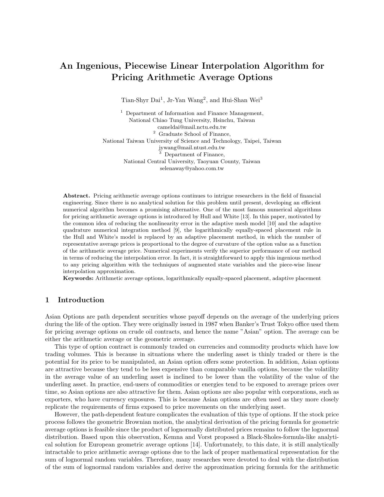 [National Chiao Tung University, Dai] An Ingenious, Piecewise Linear Interpolation Algorithm for Pricing Arithmetic Average Options by Unknown