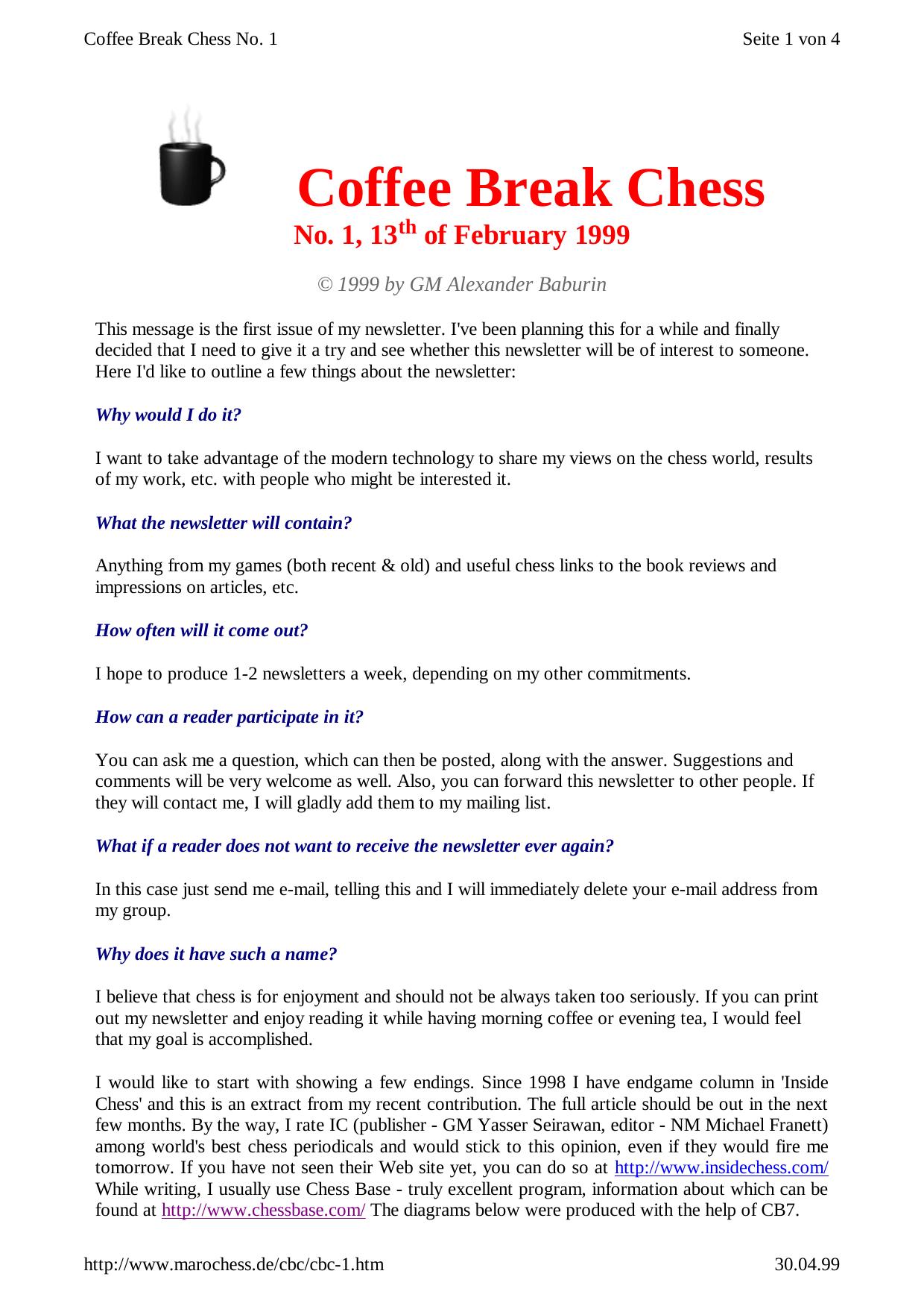 [Newsletter] Coffee Break Chess. No. 1-32 by Alexander Baburin
