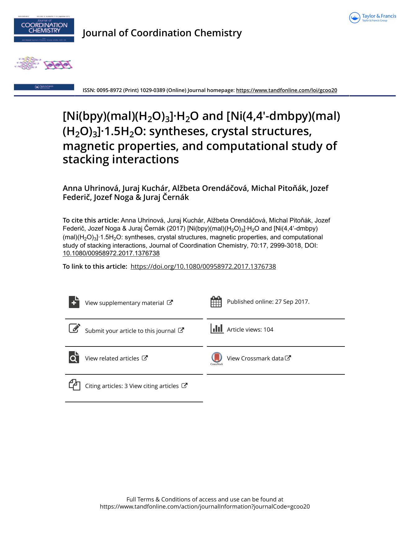 [Ni(bpy)(mal)(H2O)3]Â·H2O and [Ni(4,4â²-dmbpy)(mal)(H2O)3]Â·1.5H2O: syntheses, crystal structures, magnetic properties, and computational study of stacking interactions by unknow