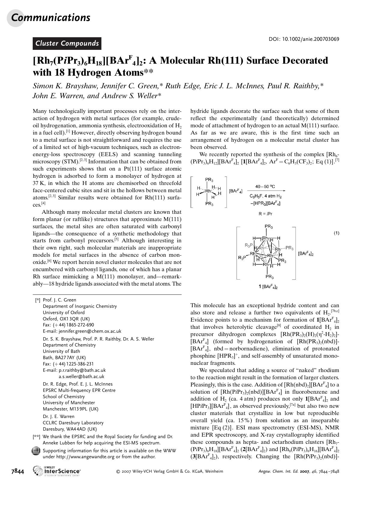 [Rh7(PiPr3)6H18][BArF4]2: A Molecular Rh(111) Surface Decorated with 18 Hydrogen Atoms by Unknown