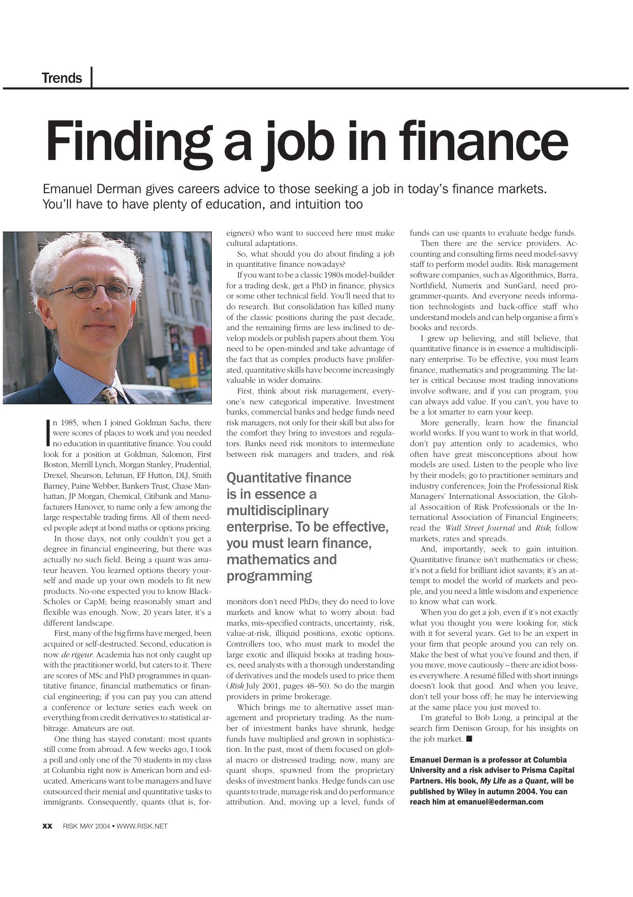 [Risk Magazine, Derman] Finding a Job in Finance by Unknown