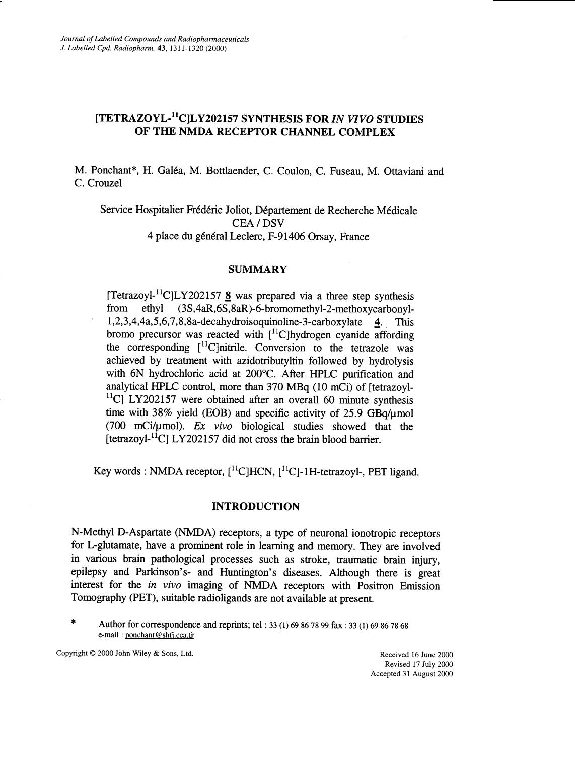 [Tetrazoyl-11C]LY202157 synthesis for in vivo studies of the NMDA receptor channel complex by Unknown