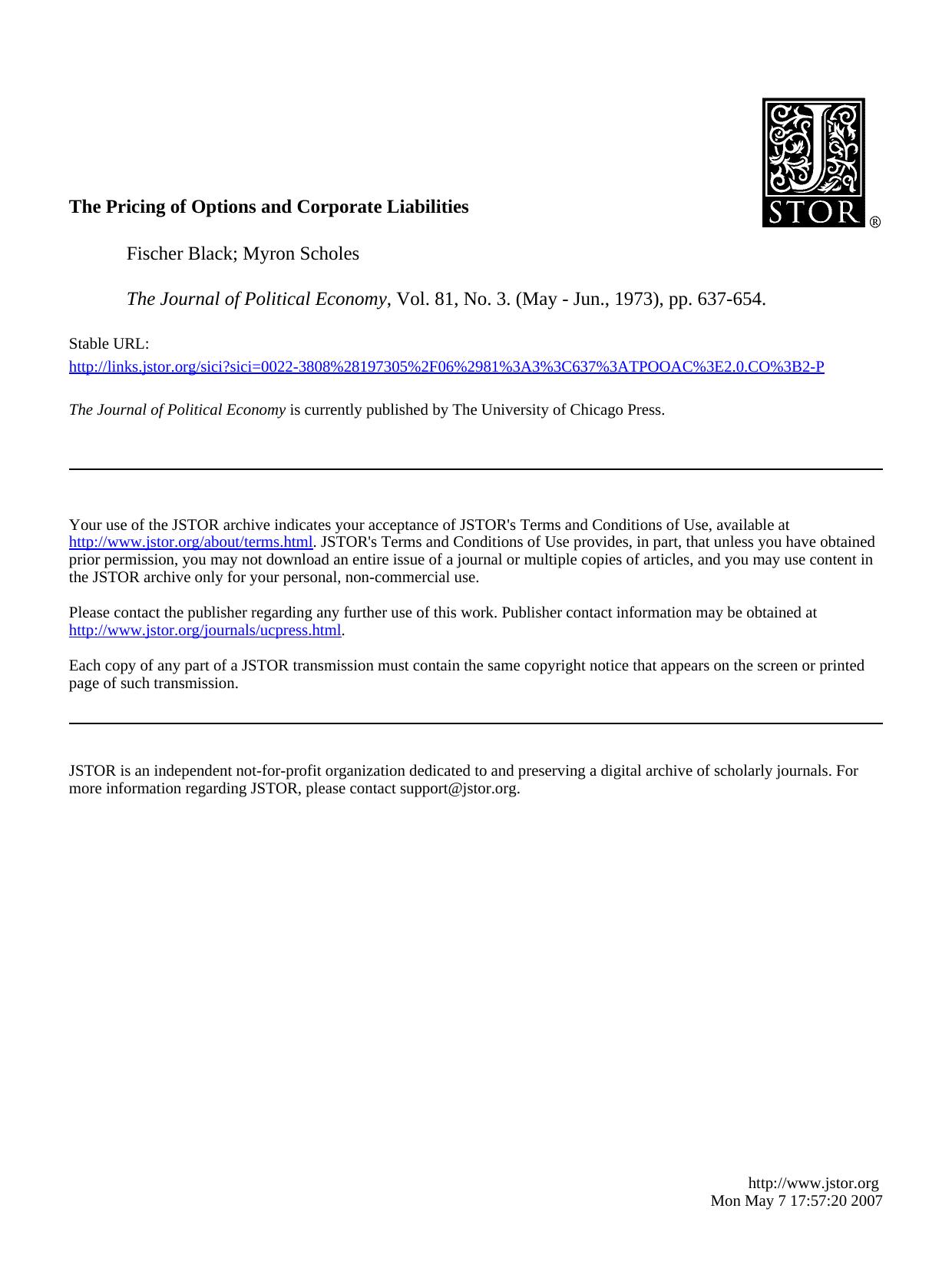 [The Journal of Political Economy, Black] The Pricing of Options and Corporate Liabilities by Unknown