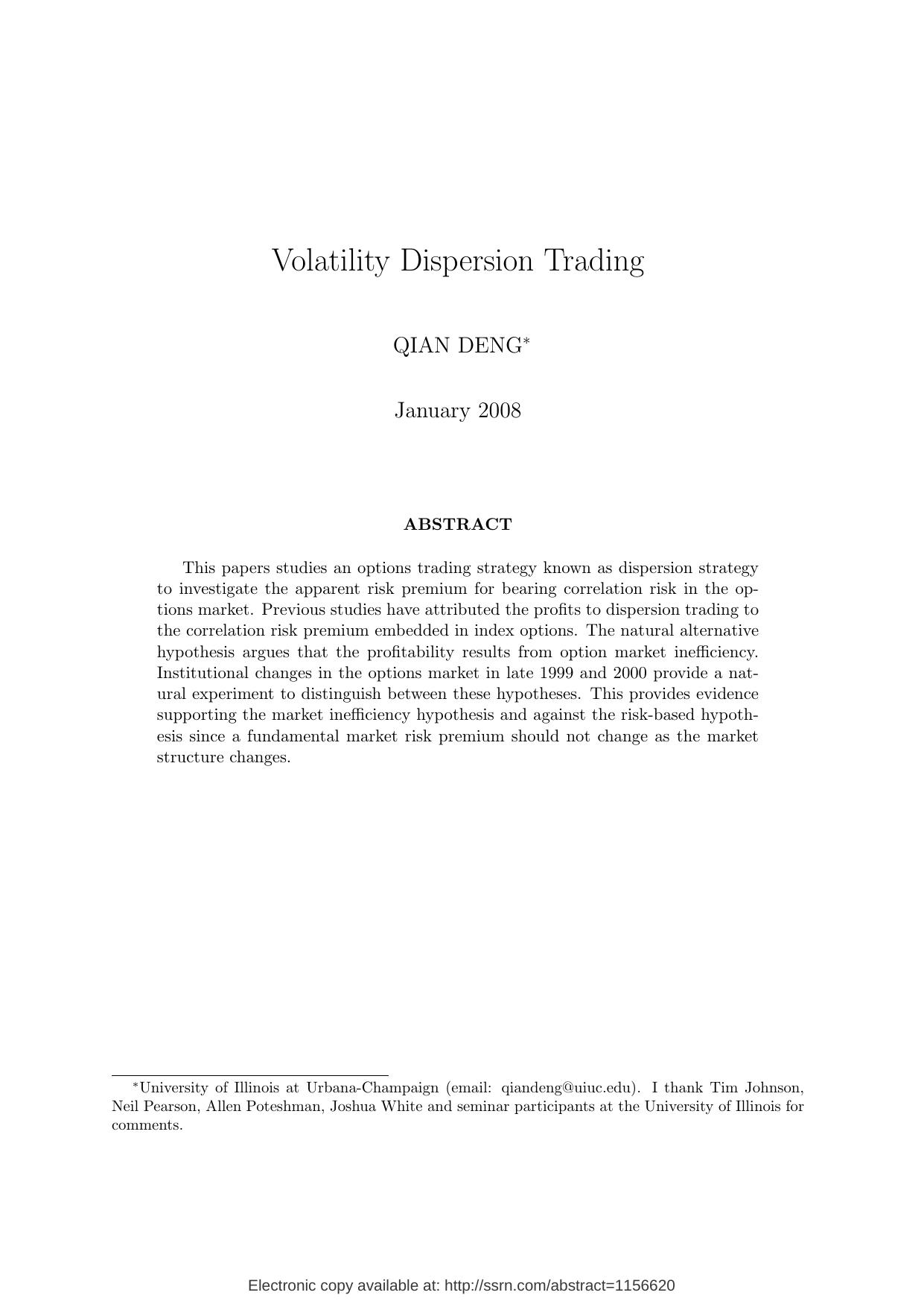 [University of Illinois, Deng] Volatility Dispersion Trading by Unknown