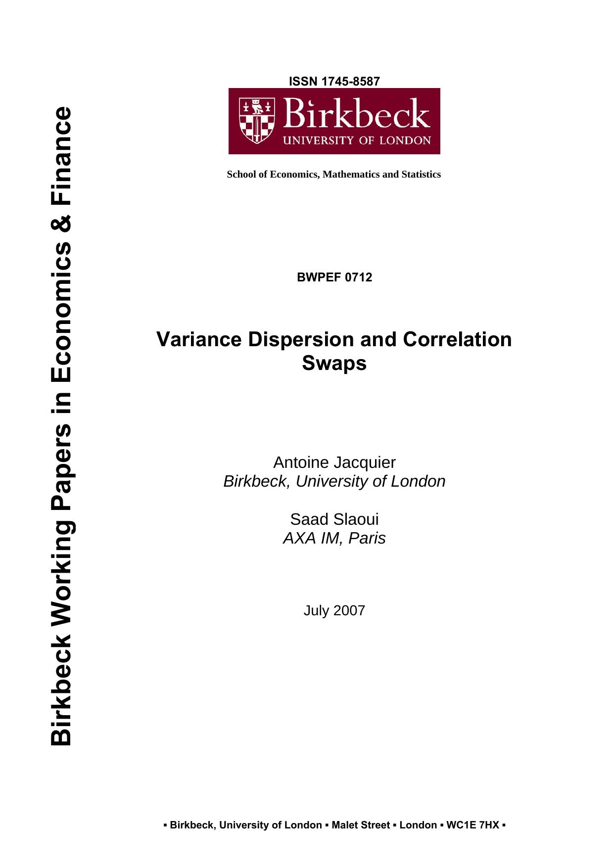 [University of London, Jacquier] Variance Dispersion and Correlation Swaps by unknow