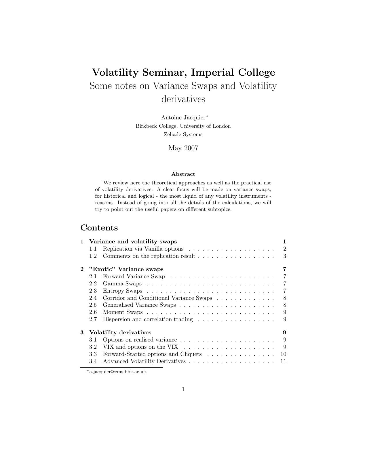 [University of London, Jacquier] Volatility Seminar by Some notes on Variance Swaps & Volatility Derivatives