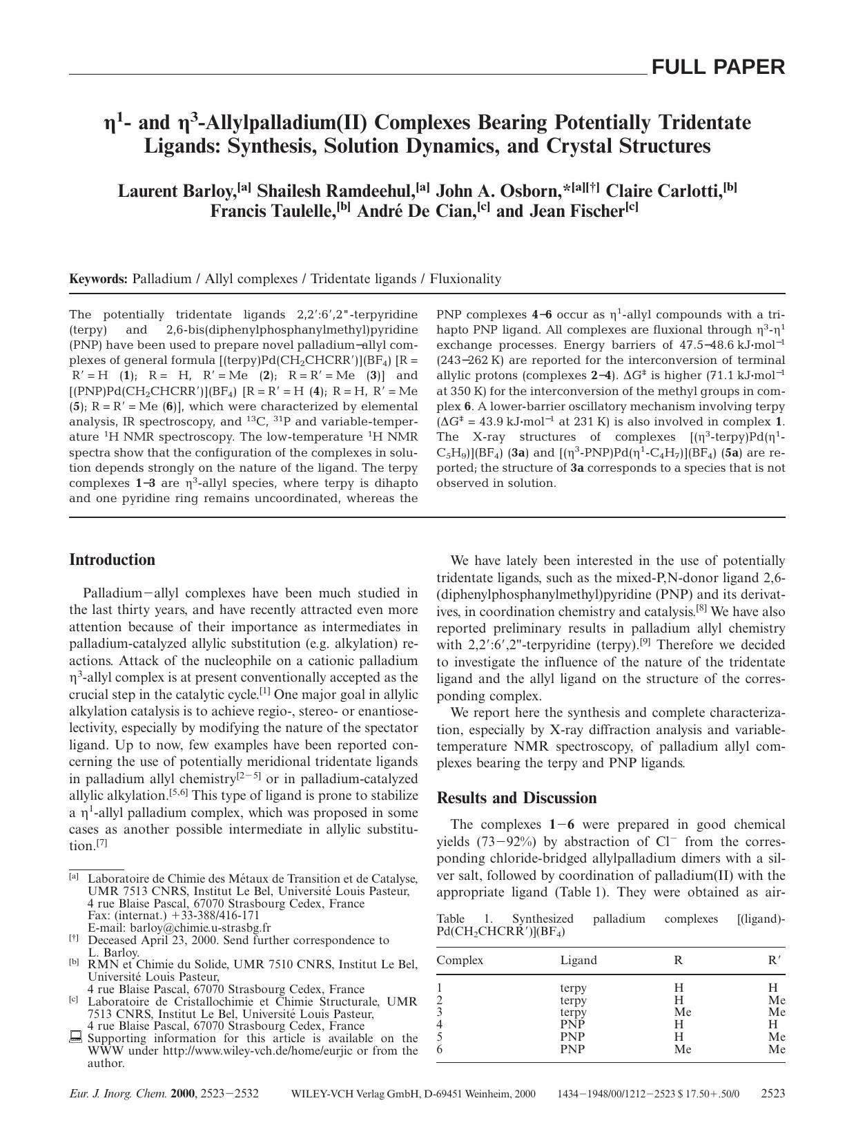 [eegr]1- and [eegr]3-Allylpalladium(II) Complexes Bearing Potentially Tridentate Ligands: Synthesis, Solution Dynamics, and Crystal Structures by Unknown