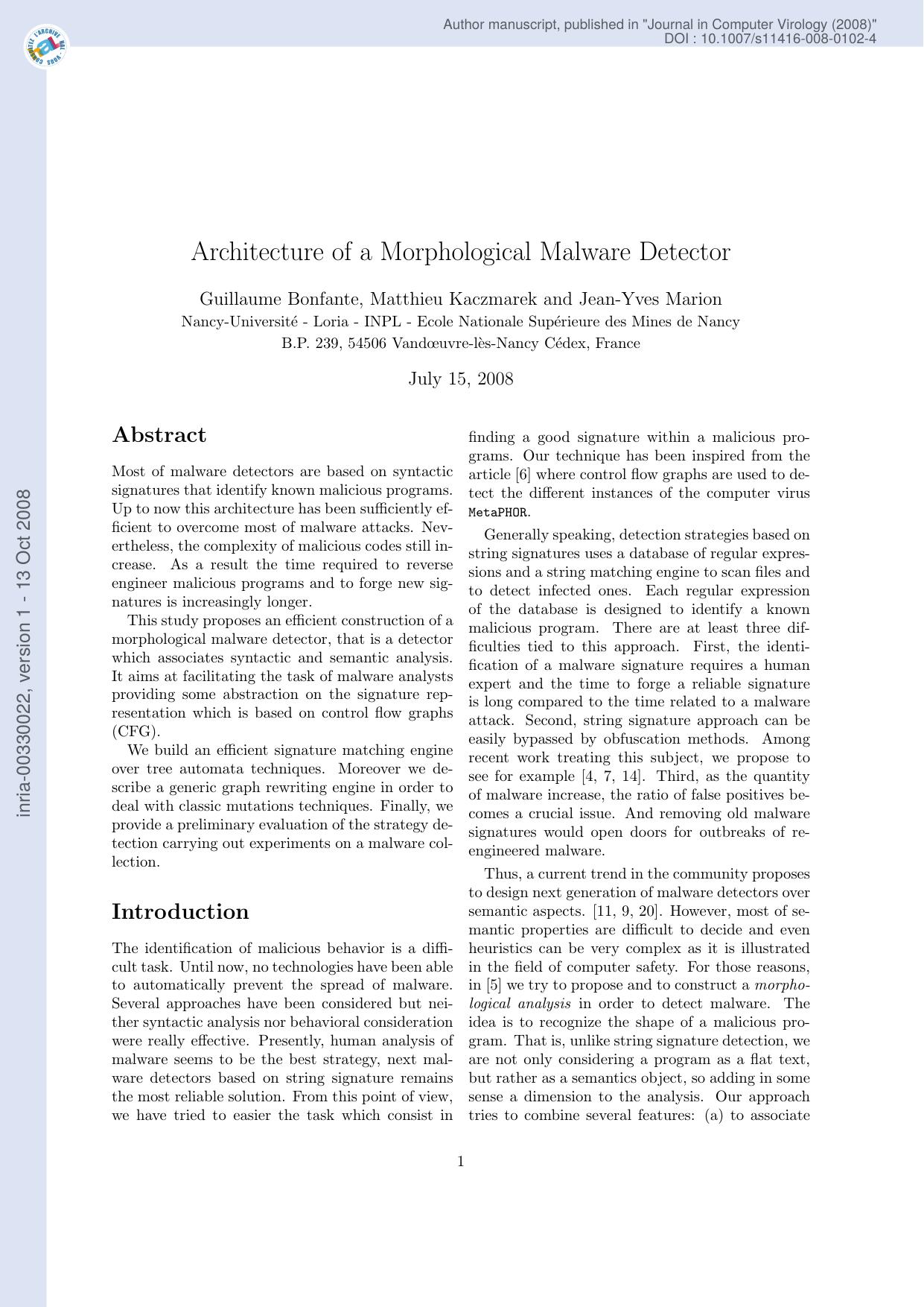 [inria-00330022, v1] Architecture of a Morphological Malware Detector by Bonfante Guillaume et al