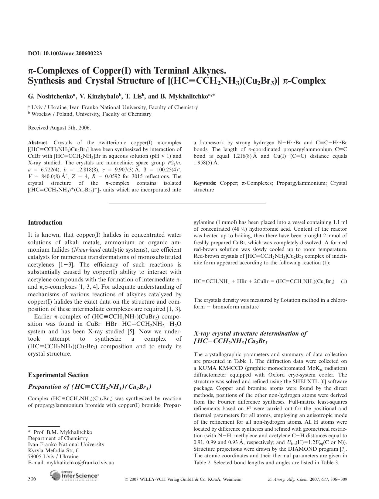 [pi]-Complexes of Copper(I) with Terminal Alkynes. Synthesis and Crystal Structure of [(HC[equiv]CCH2NH3)(Cu2Br3)] [pi]-Complex by Unknown
