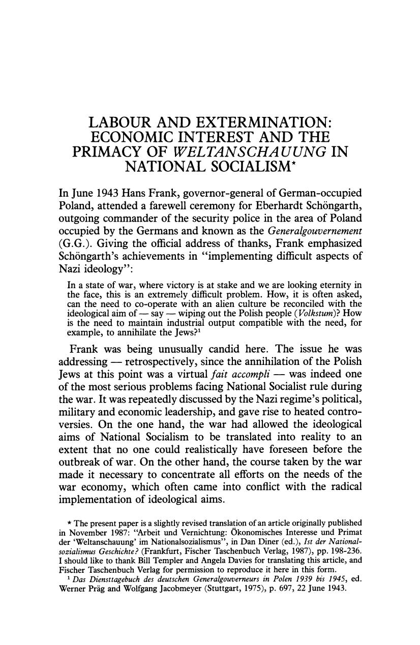 ^Labour and Extermination; Economic Interest and the Primacy of Weltanschauung in National Socialism by Unknown