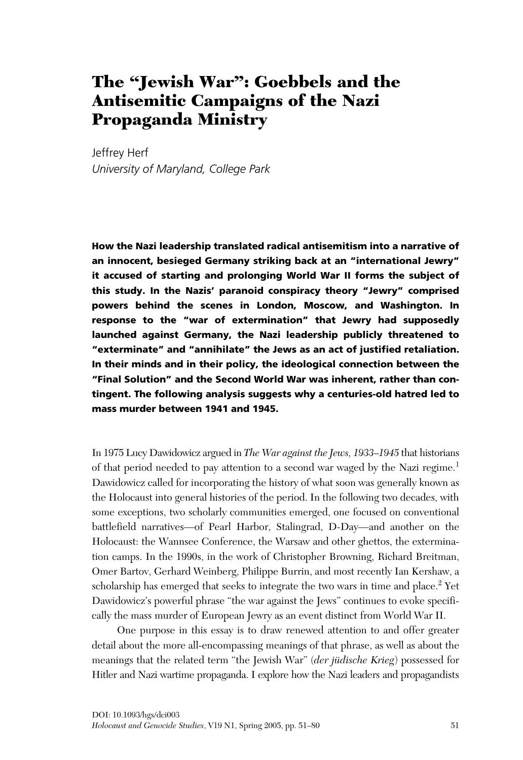 ^The Jewish War, Goebbels and the Antisemitic Campaigns of the Nazi Propaganda Ministry by Unknown