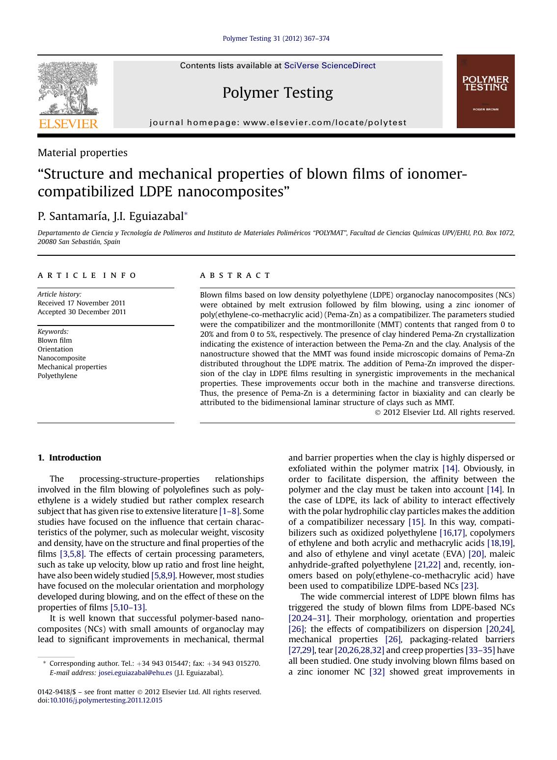 ``Structure and mechanical properties of blown films of ionomer-compatibilized LDPE nanocomposites'' by P. Santamaría & J.I. Eguiazabal