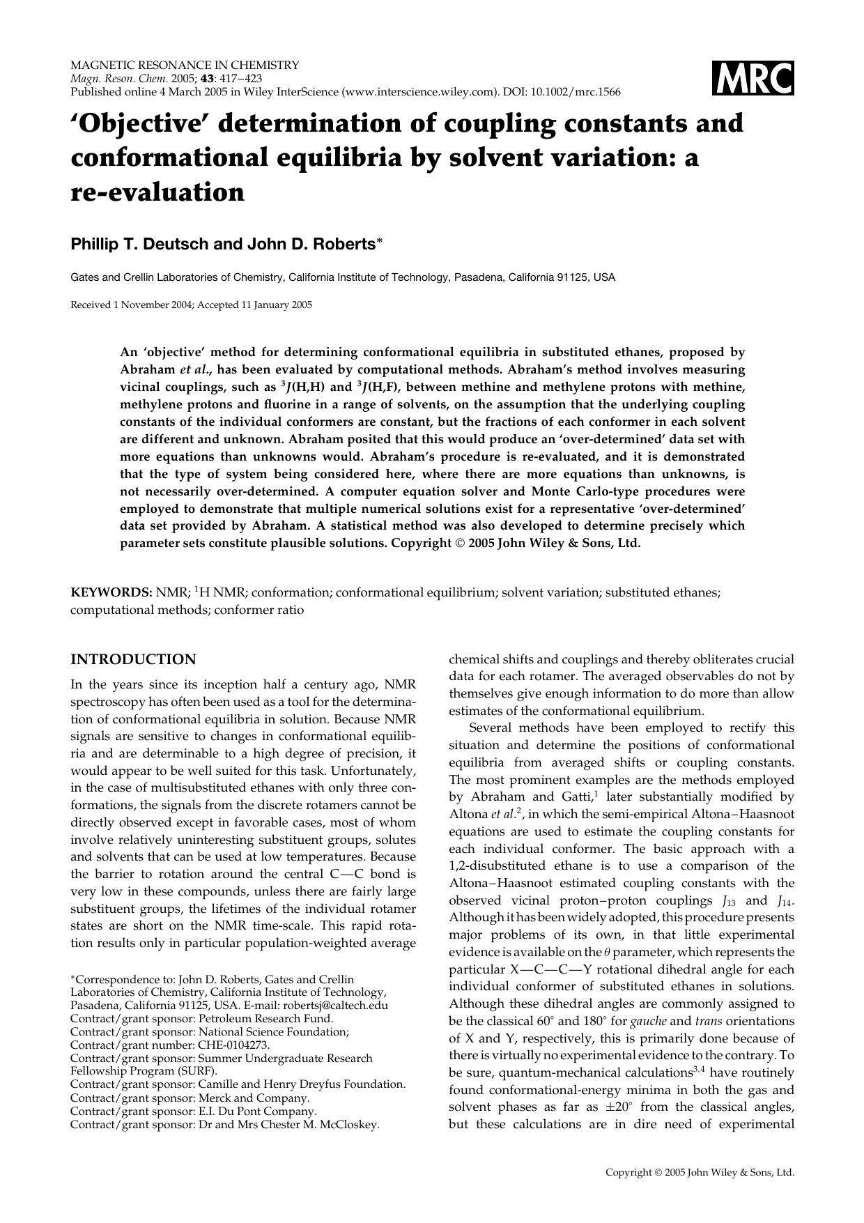 `Objective' determination of coupling constants and conformational equilibria by solvent variation: a re-evaluation by Unknown