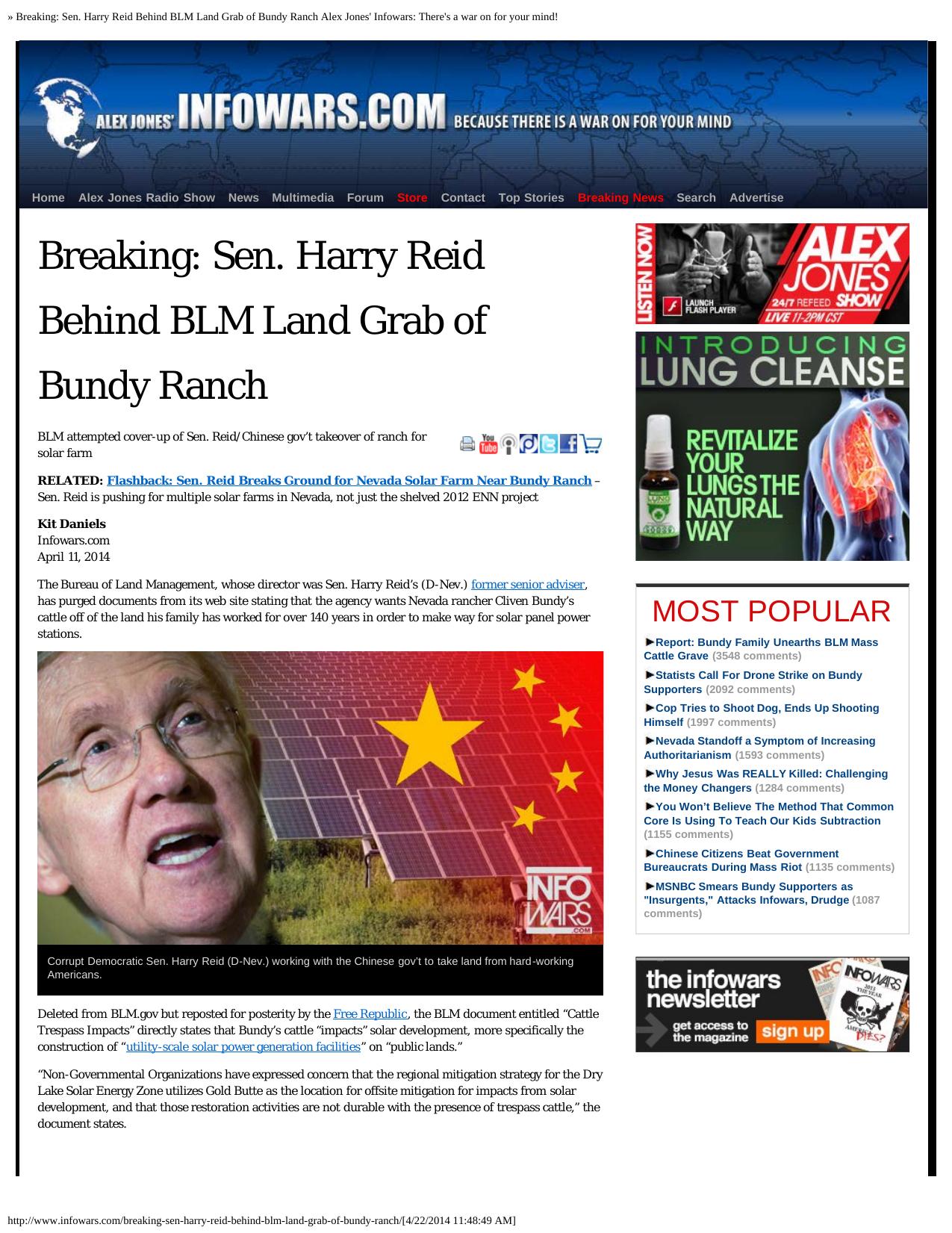 » Breaking: Sen. Harry Reid Behind BLM Land Grab of Bundy Ranch Alex Jones' Infowars: There's a war on for your mind! by Unknown