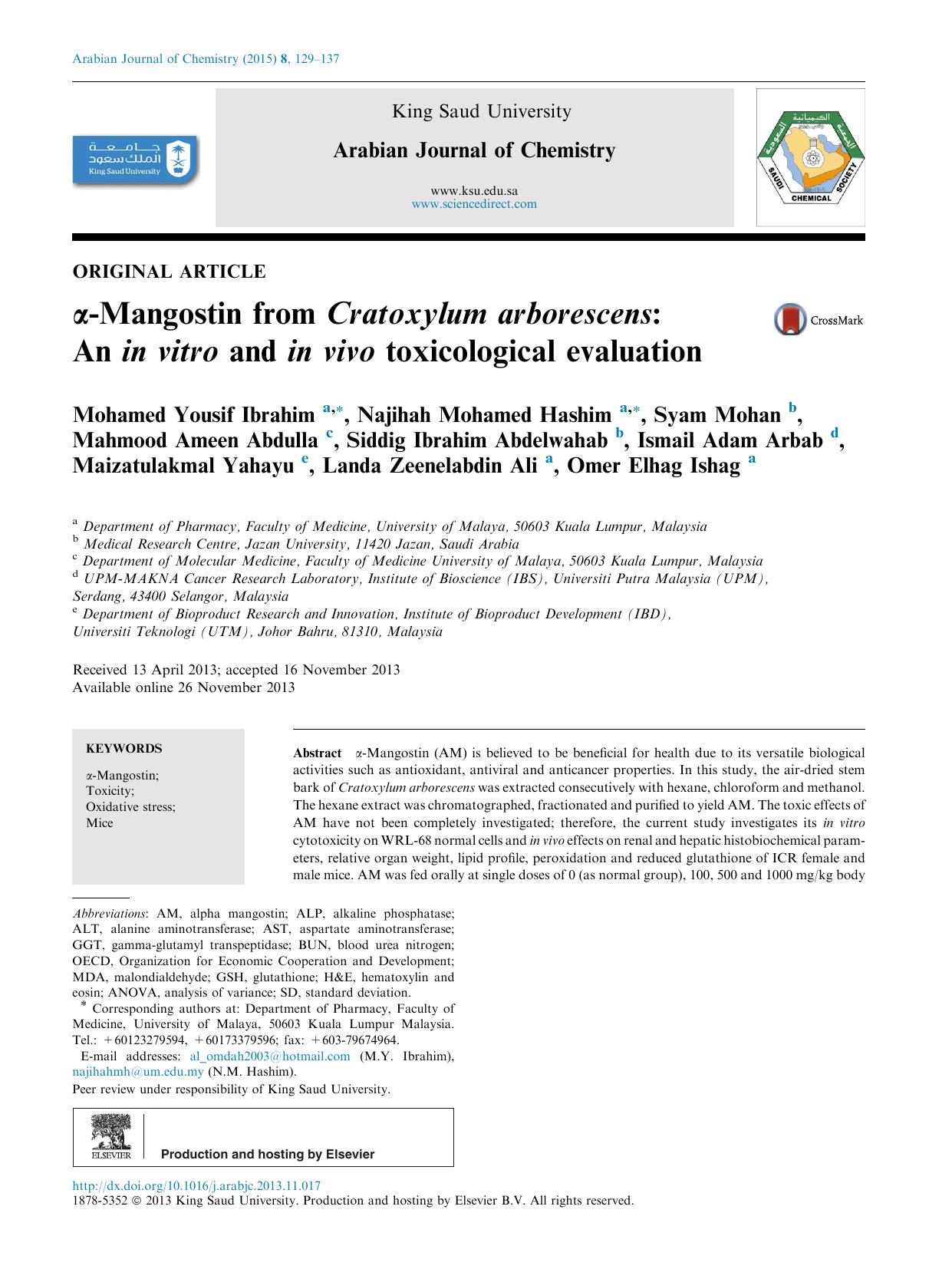ÃÂ±-Mangostin from Cratoxylum arborescens: An in vitro and in vivo toxicological evaluation by unknow