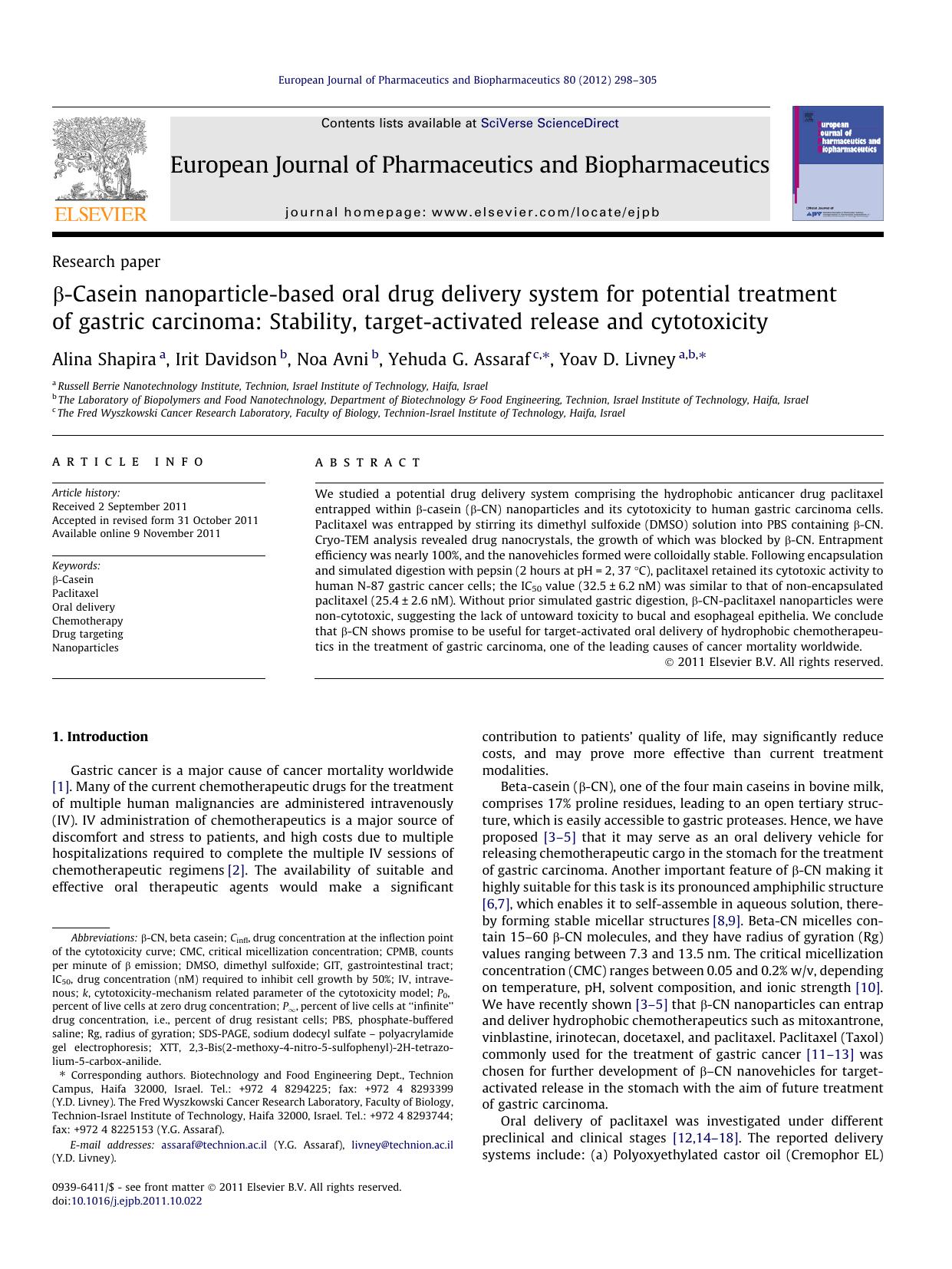 ÃÂ²-Casein nanoparticle-based oral drug delivery system for potential treatment of gastric carcinoma: Stability, target-activated release and cytotoxicity by Alina Shapira & Irit Davidson & Noa Avni & Yehuda G. Assaraf & Yoav D. Livney