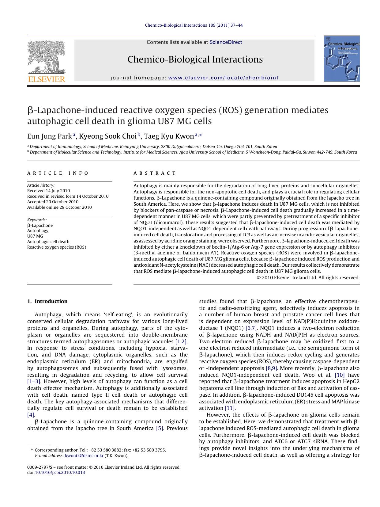 ÃÂ²-Lapachone-induced reactive oxygen species (ROS) generation mediates autophagic cell death in glioma U87 MG cells by Eun Jung Park