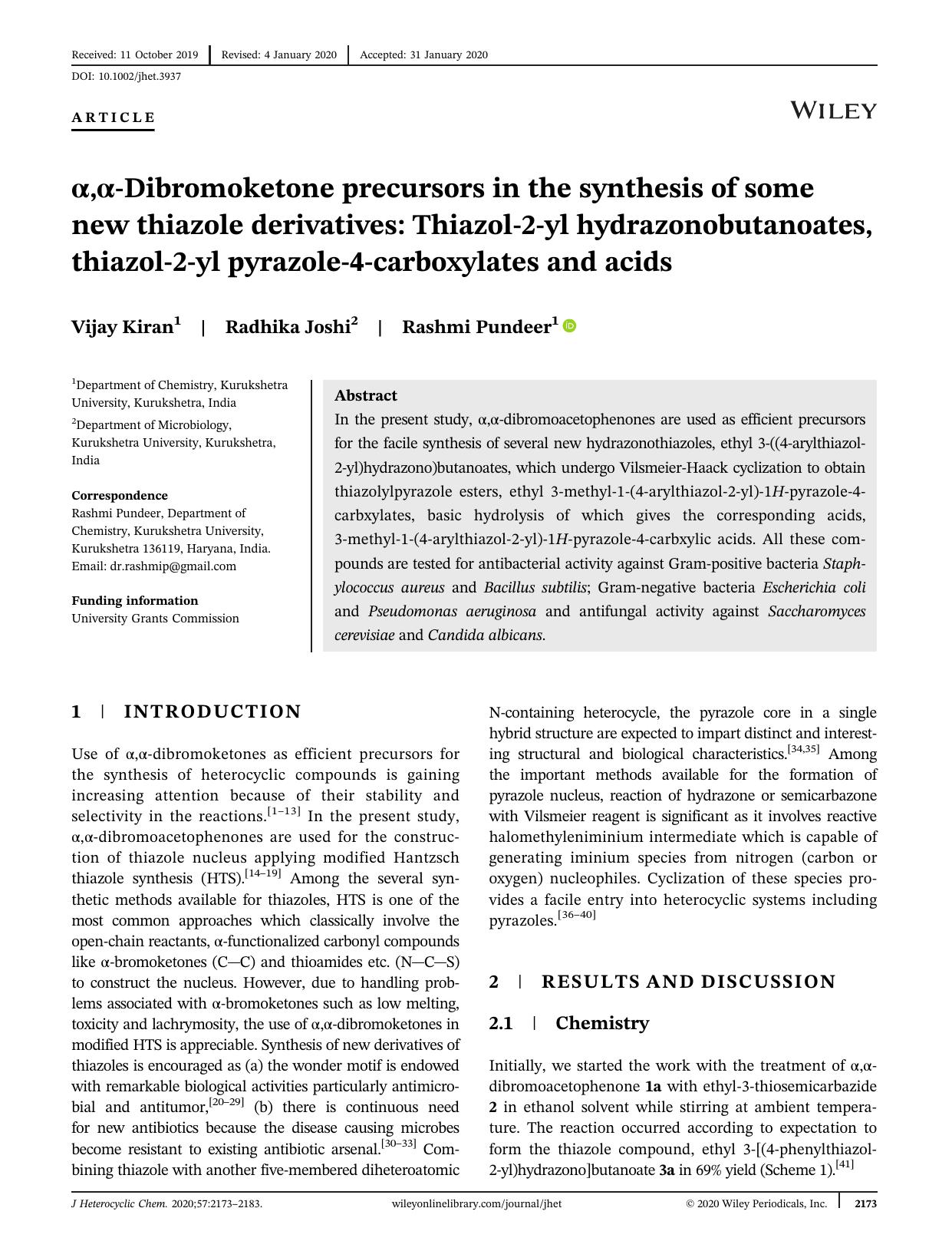 Î±,Î±-Dibromoketone precursors in the synthesis of some new thiazole derivatives: thiazol-2-yl hydrazonobutanoates, thiazol-2-yl pyrazole-4-carboxylates and acids by Unknown