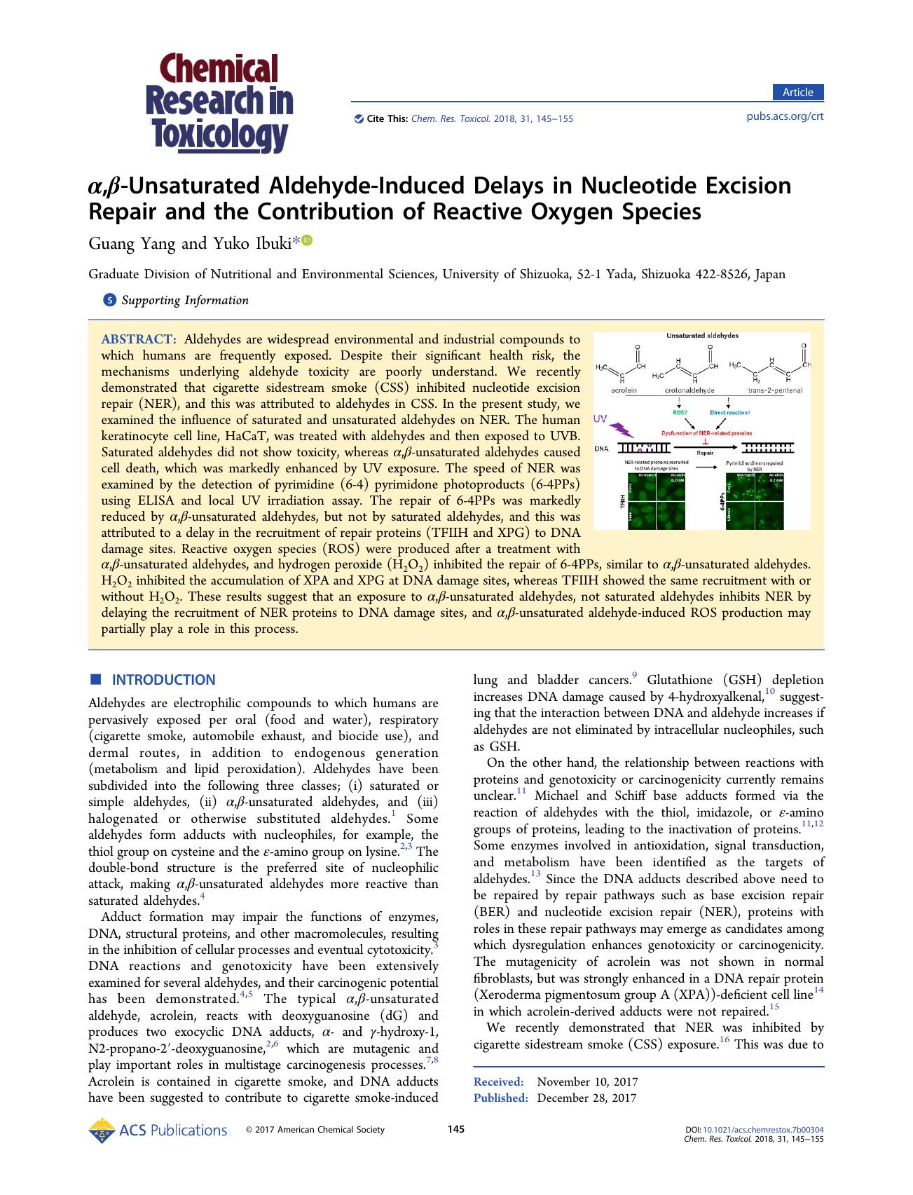 Î±,Î²-Unsaturated Aldehyde-Induced Delays in Nucleotide Excision Repair and the Contribution of Reactive Oxygen Species by Guang Yang and Yuko Ibuki