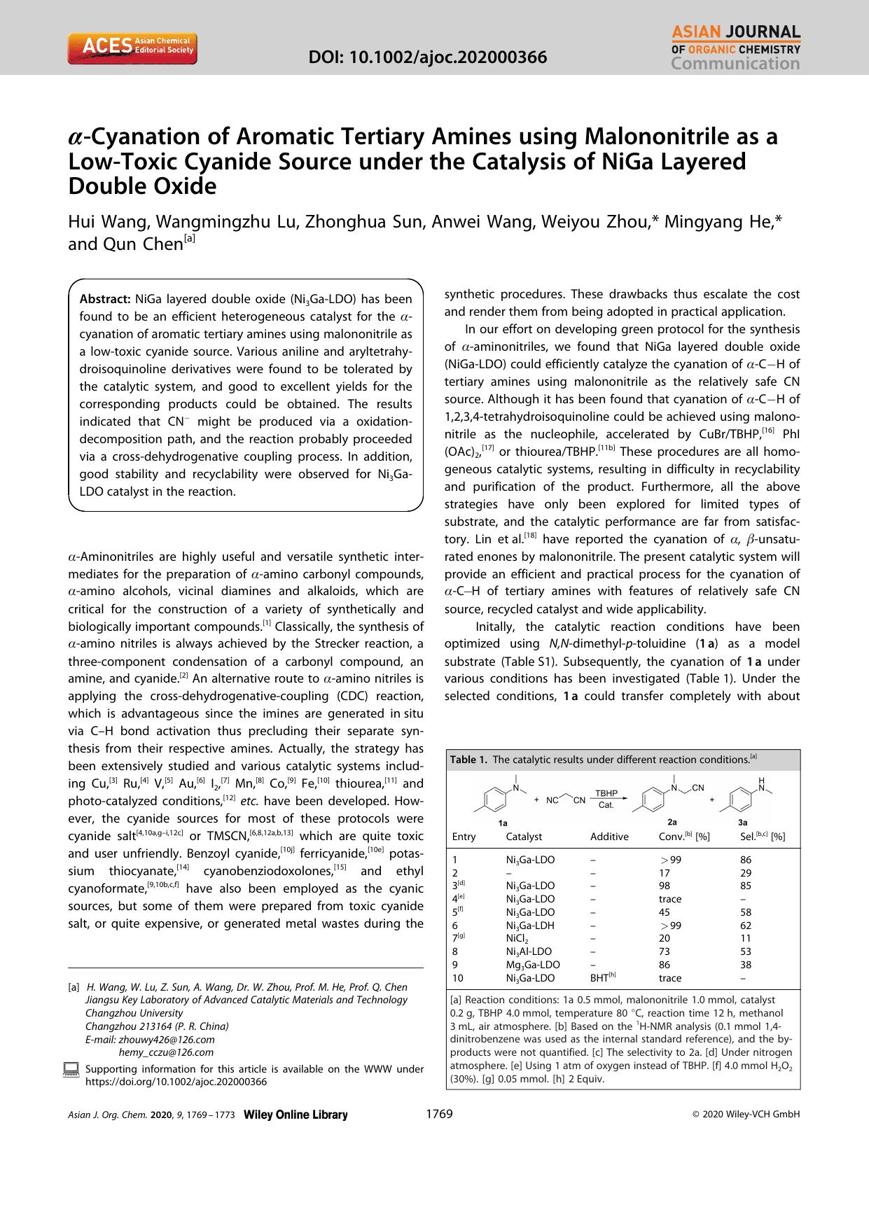 Î±âCyanation of Aromatic Tertiary Amines using Malononitrile as a LowâToxic Cyanide Source under the Catalysis of NiGa Layered Double Oxide by Unknown