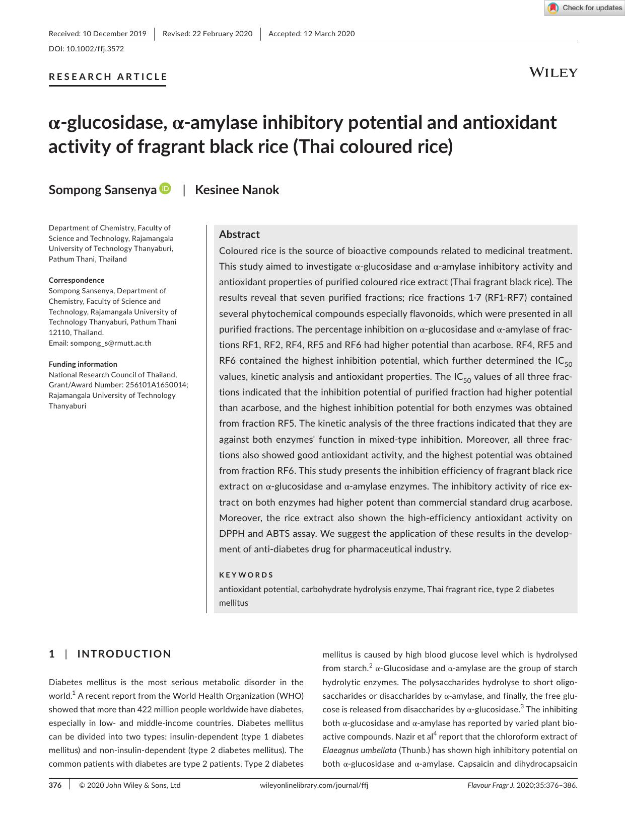 Î±âglucosidase, Î±âamylase inhibitory potential and antioxidant activity of fragrant black rice (Thai coloured rice) by Unknown
