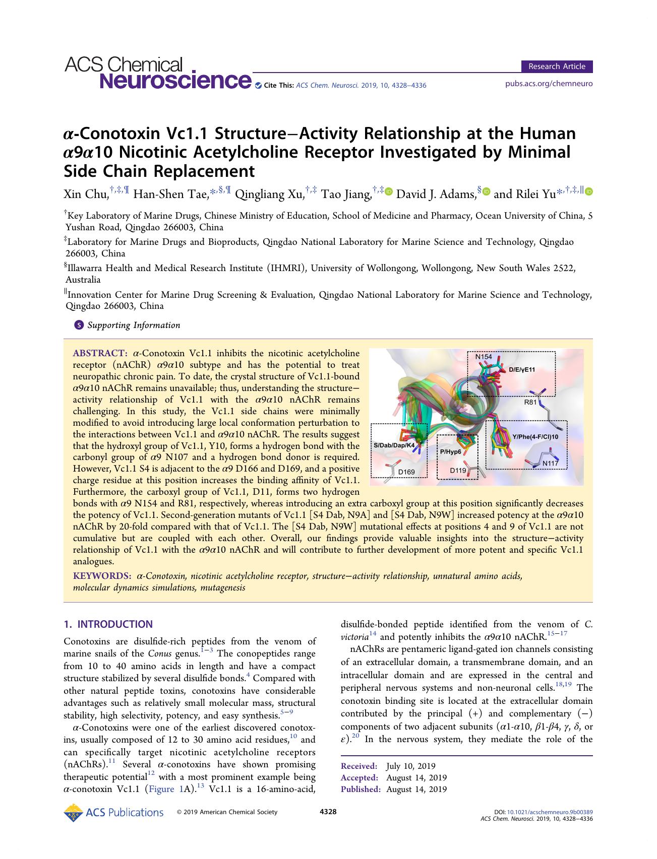 Î±-Conotoxin Vc1.1 StructureâActivity Relationship at the Human Î±9Î±10 Nicotinic Acetylcholine Receptor Investigated by Minimal Side Chain Replacement by Xin Chu Han-Shen Tae Qingliang Xu Tao Jiang David J. Adams and Rilei Yu