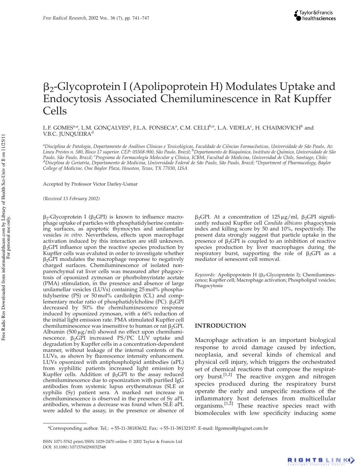Î² 2 -Glycoprotein I (Apolipoprotein H) Modulates Uptake and Endocytosis Associated Chemiluminescence in Rat Kupffer Cells by unknow