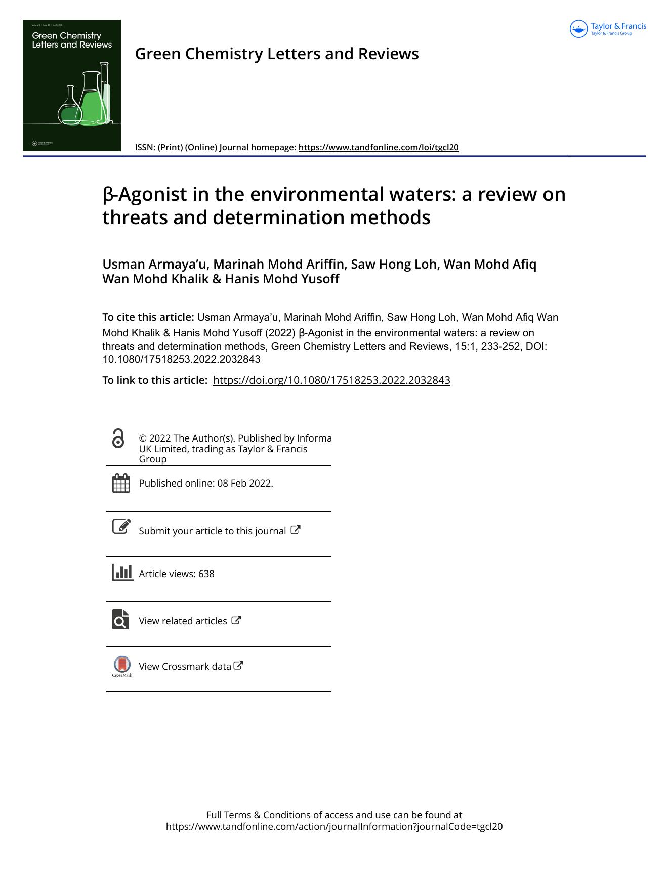Î²-Agonist in the environmental waters: a review on threats and determination methods by Usman Armaya’u & Saw Hong Loh & Wan Mohd Afiq Wan Mohd Khalik & Hanis Mohd Yusoff