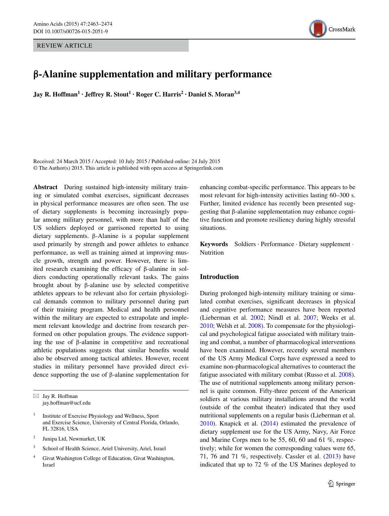 Î²-Alanine supplementation and military performance by Jay R. Hoffman & Jeffrey R. Stout & Roger C. Harris & Daniel S. Moran