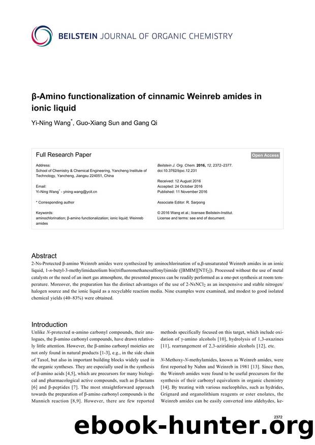 Î²-Amino functionalization of cinnamic Weinreb amides in ionic liquid by Yi-Ning Wang Guo-Xiang Sun Gang Qi