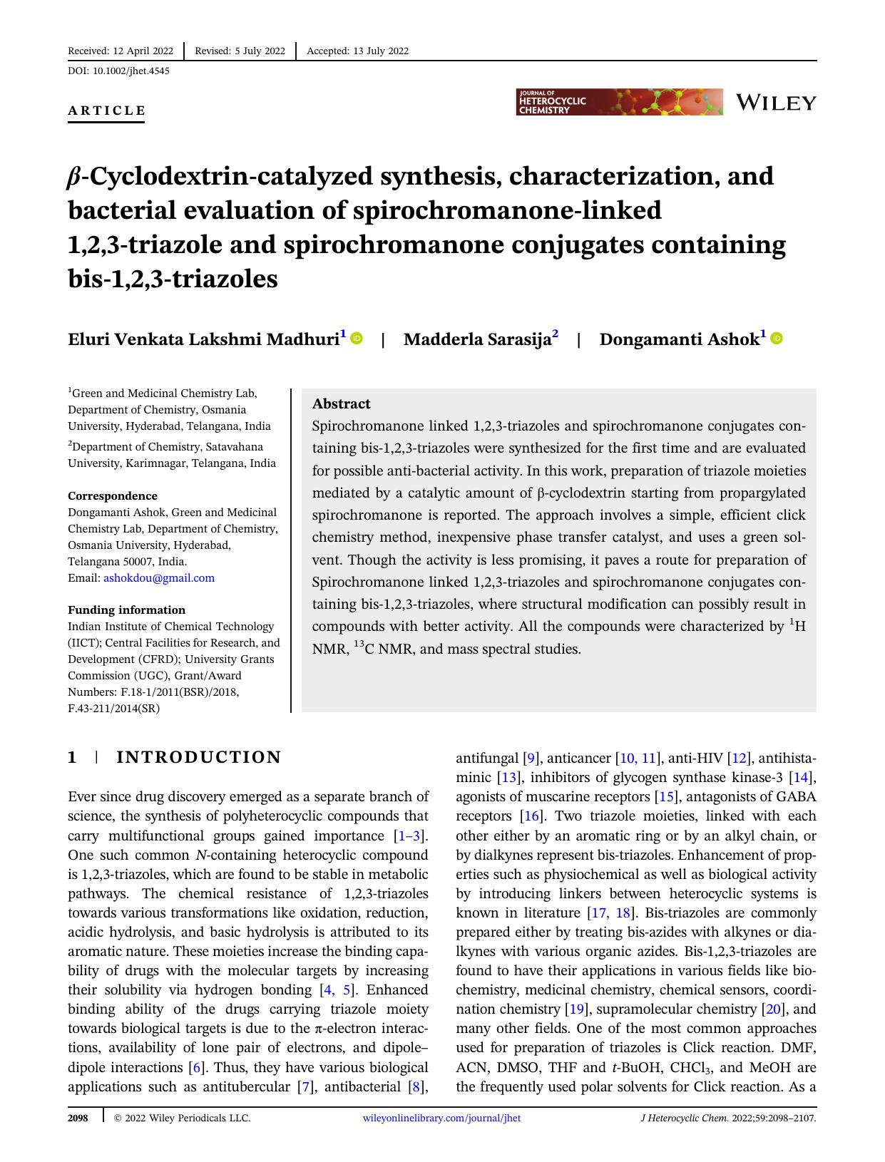 Î²-Cyclodextrin Catalysed Synthesis, characterisation and Bacterial Evaluation of spirochromanone linked 1,2,3-triazole and spirochromanone conjugates containing bis 1,2,3-triazoles by Unknown