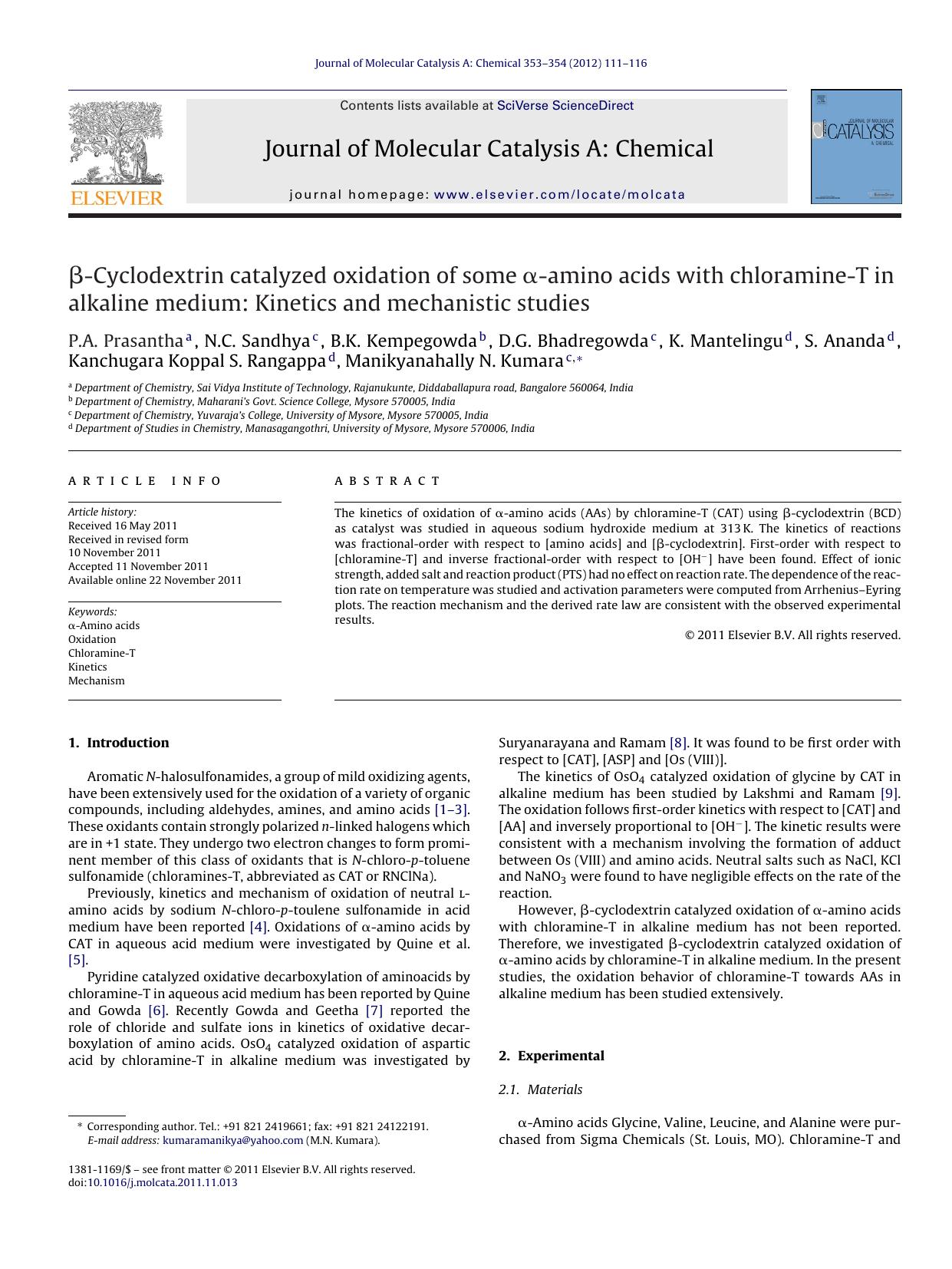 Î²-Cyclodextrin catalyzed oxidation of some Î±-amino acids with chloramine-T in alkaline medium: Kinetics and mechanistic studies by P.A. Prasantha