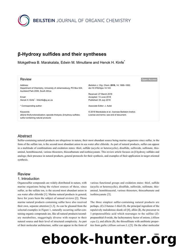 Î²-Hydroxy sulfides and their syntheses by Mokgethwa B. Marakalala Edwin M. Mmutlane Henok H. Kinfe