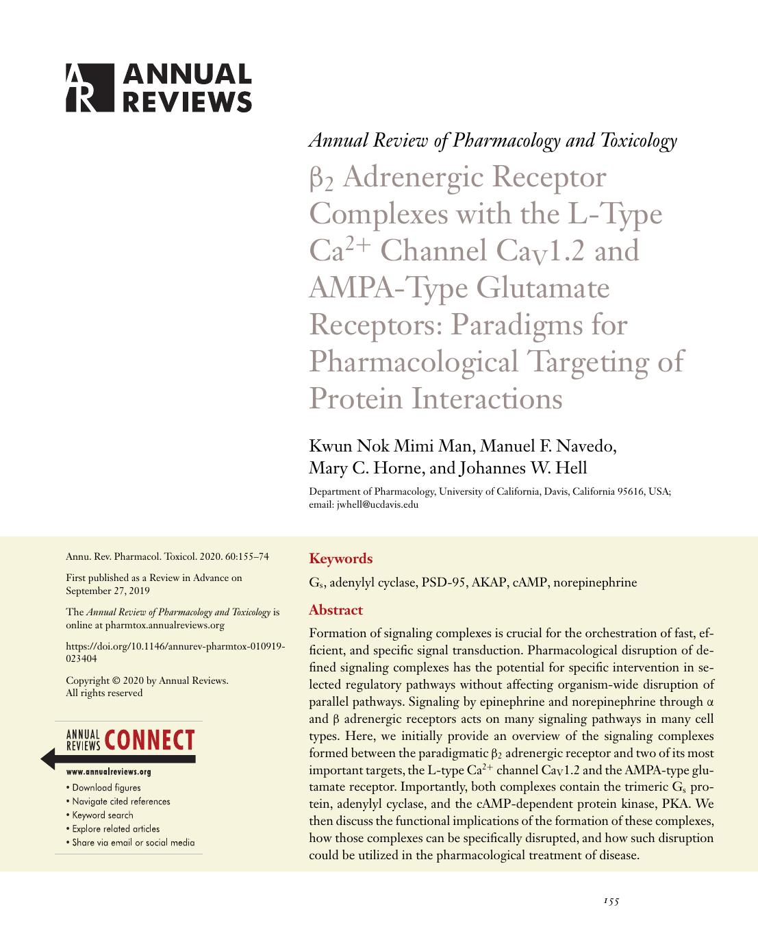 Î²2 Adrenergic Receptor Complexes with the L-Type Ca2+ Channel CaV1.2 and AMPA-Type Glutamate Receptors: Paradigms for Pharmacological Targeting of Protein Interactions by Kwun Nok Mimi Man Manuel F. Navedo Mary C. Horne Johannes W. Hell