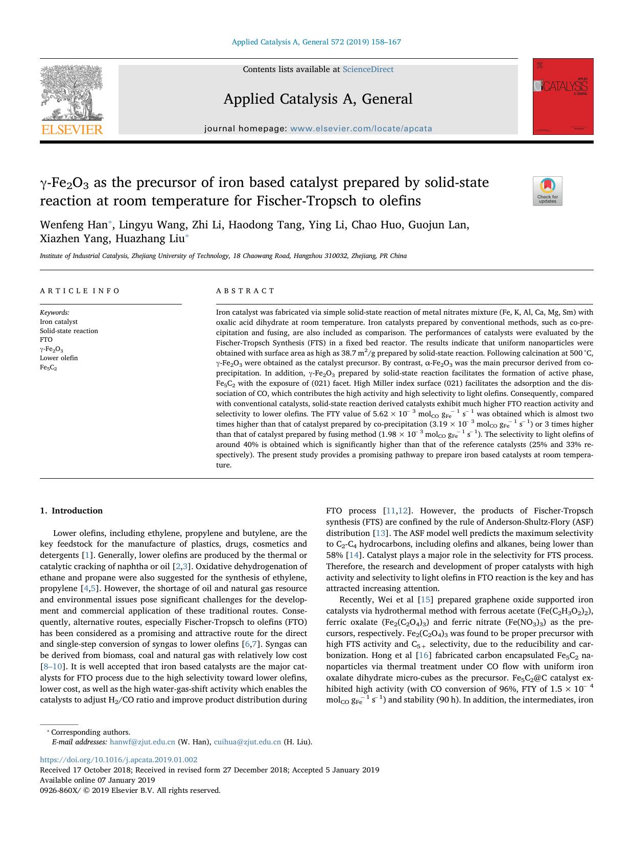 Î³-Fe2O3 as the precursor of iron based catalyst prepared by solid-state reaction at room temperature for Fischer-Tropsch to olefins by unknow