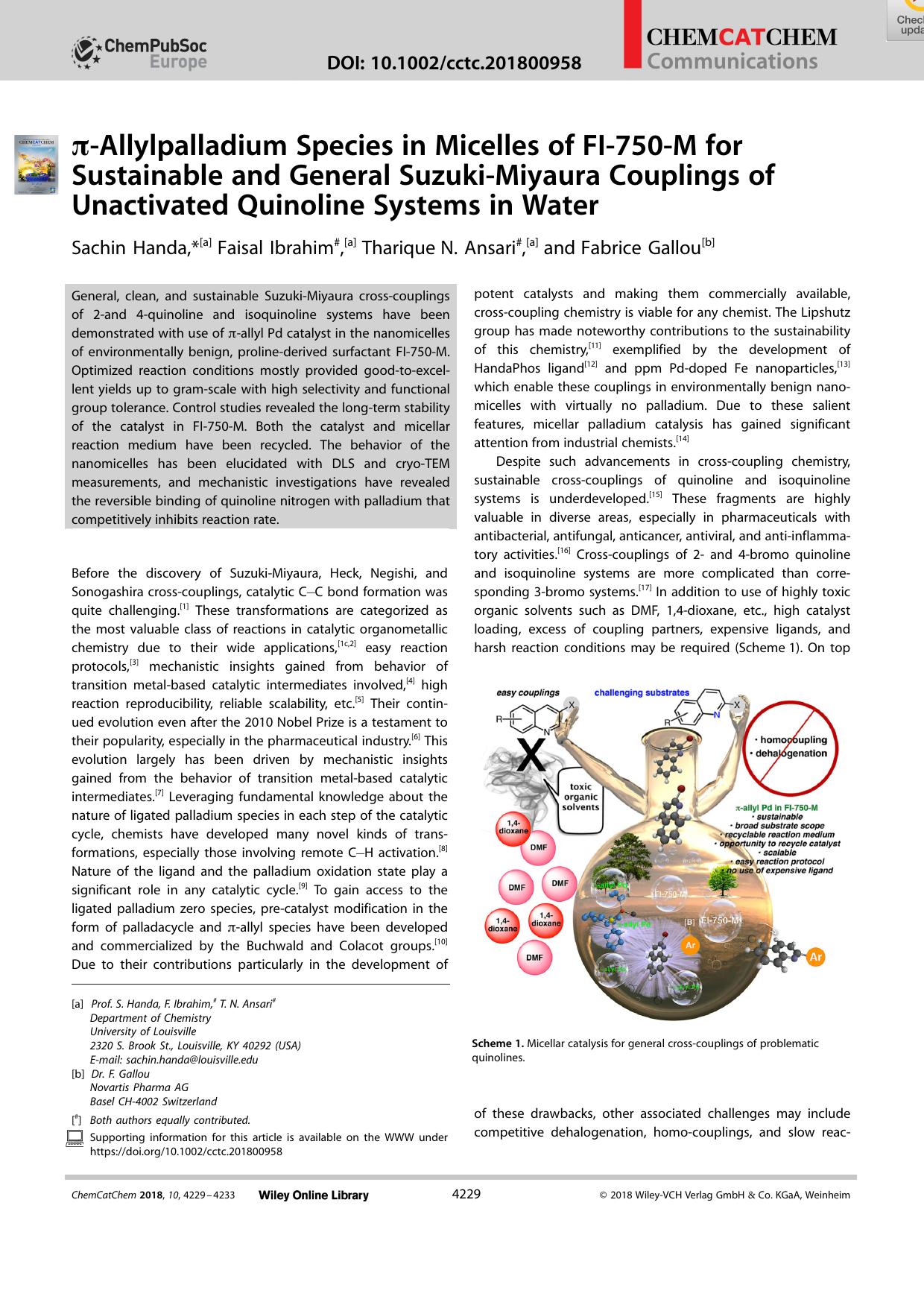 ÏâAllylpalladium Species in Micelles of FIâ750âM for Sustainable and General SuzukiâMiyaura Couplings of Unactivated Quinoline Systems in Water by Unknown