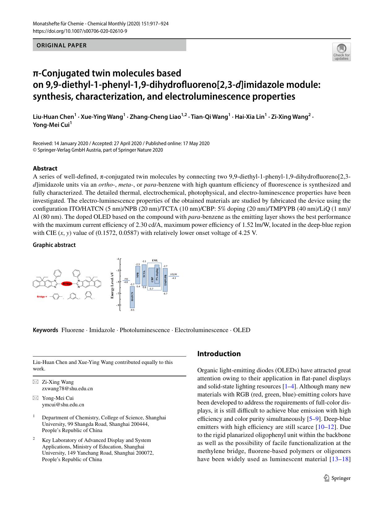 Ï-Conjugated twin molecules based on 9,9-diethyl-1-phenyl-1,9-dihydrofluoreno[2,3-d]imidazole module: synthesis, characterization, and electroluminescence properties by unknow