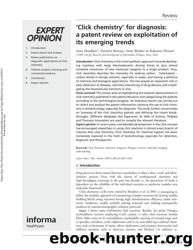 âClick chemistryâ for diagnosis: a patent review on exploitation of its emerging trends by Anita Mandhare Paromita Banerjee Smita Bhutkar Rajkumar Hirwani