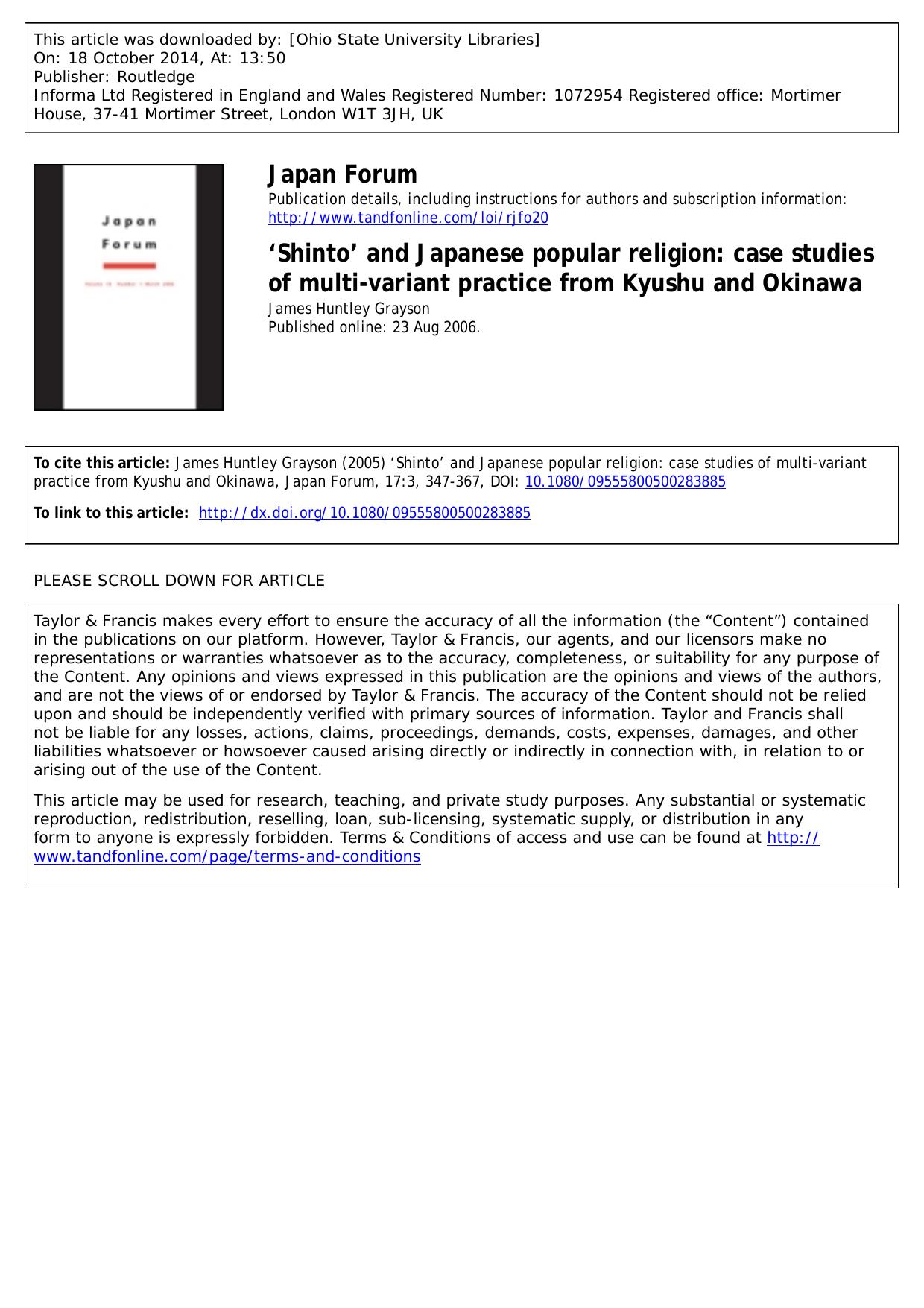 âShintoâ and Japanese popular religion: case studies of multi-variant practice from Kyushu and Okinawa by James Huntley Grayson