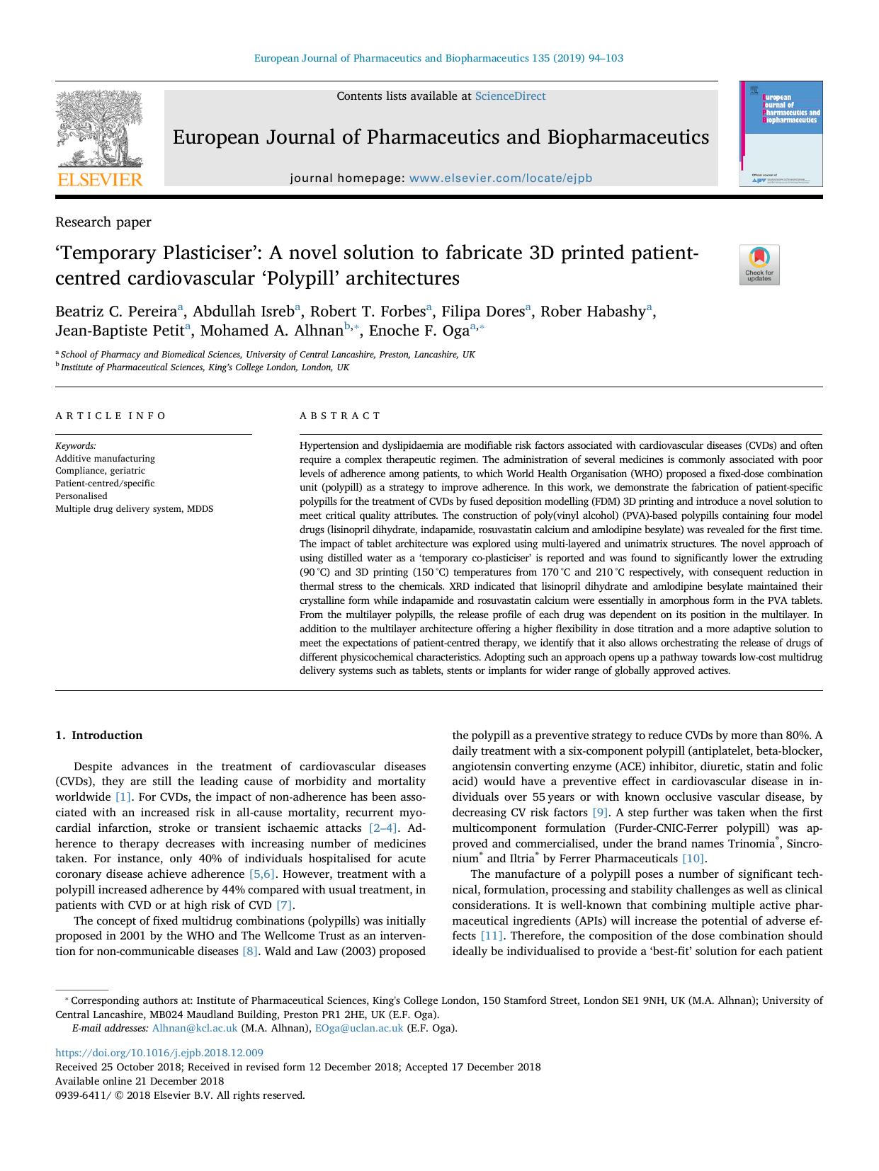 âTemporary Plasticiserâ_ A novel solution to fabricate 3D printed patient-centred cardiovascular âPolypillâ architectures by unknow