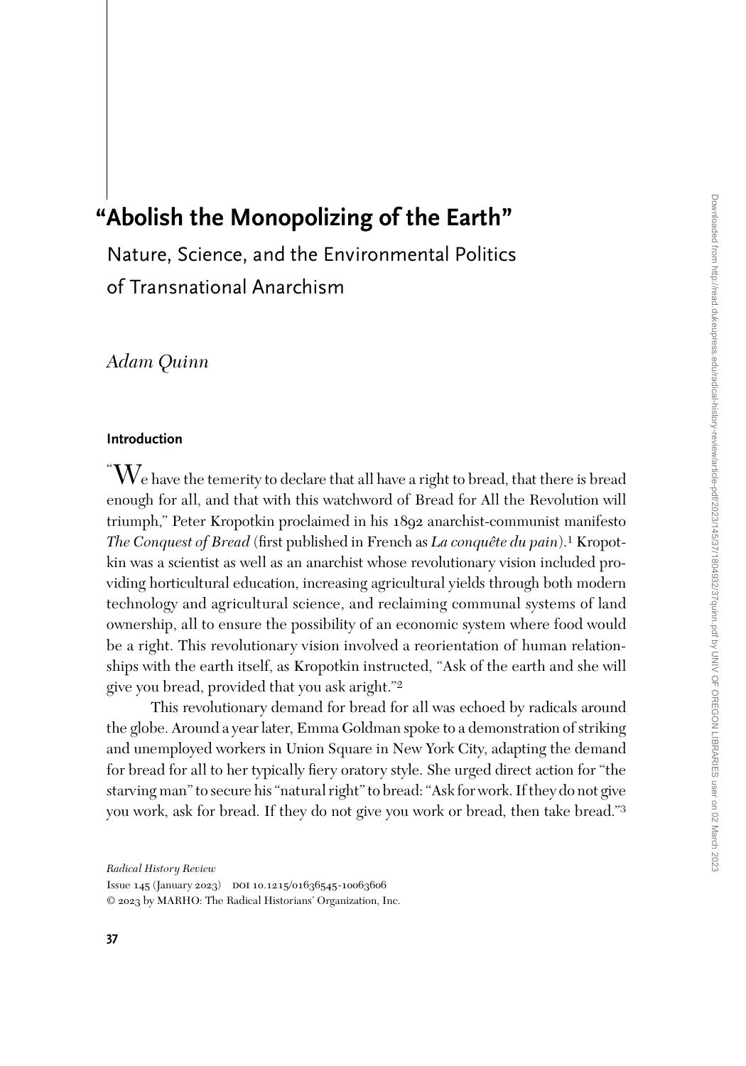 âAbolish the Monopolizing of the Earthâ Nature, Science, and the Environmental Politics of Transnational Anarchism by Adam Quinn