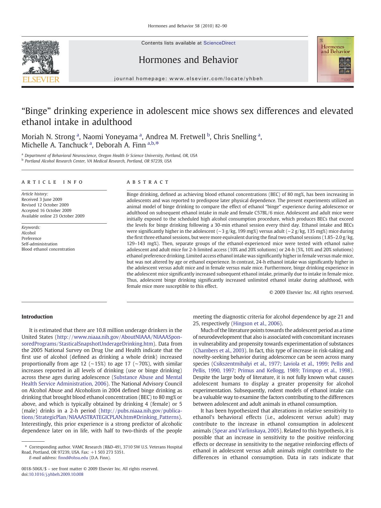 âBingeâ drinking experience in adolescent mice shows sex differences and elevated ethanol intake in adulthood by unknow
