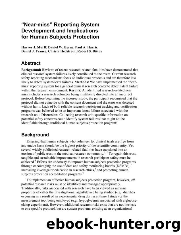 âNear-missâ Reporting System Development and Implications for Human Subjects Protection by Unknown